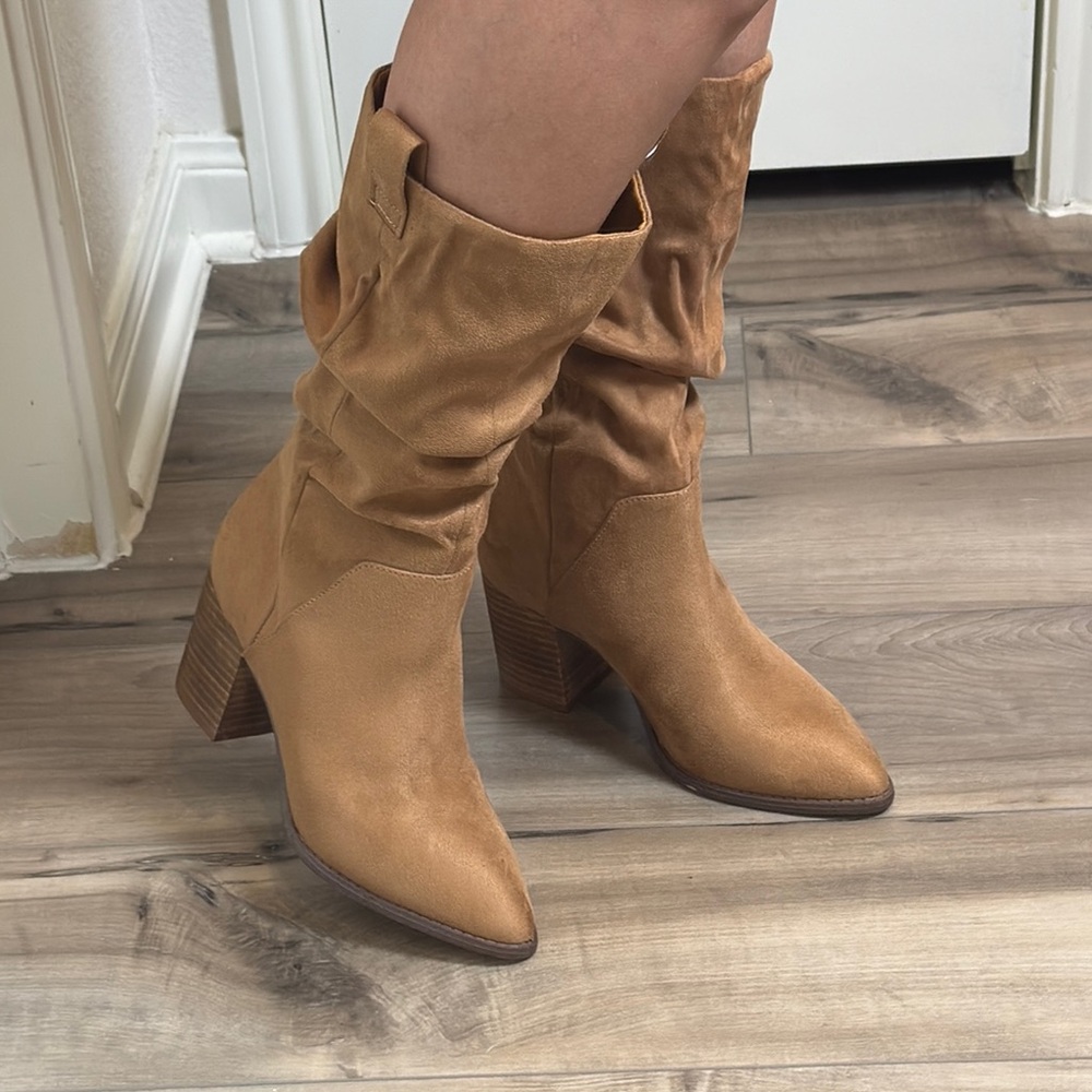 Report Tan Heeled Boots with Slouchy Design